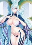  1girl aqua_hair blue_panties blue_shirt braid breasts cleavage cropped_shirt curled_horns fate/grand_order fate_(series) hair_between_eyes heart heart_hands highleg highleg_panties highres horns huangyouxingren jewelry large_breasts larva_tiamat_(fate) larva_tiamat_(third_ascension)_(fate) long_hair looking_at_viewer navel panties pendant pink_eyes pointy_ears shirt shrug_(clothing) sidelocks smile solo stomach_tattoo striped_sleeves symbol-shaped_pupils tail tattoo thighs tiamat_(fate) underwear very_long_hair 