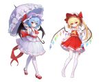  2girls absurdres arm_up ascot back_bow bat_wings blonde_hair blue_hair bow buttons cho_kagaku_no_rei_kyoju closed_mouth collared_shirt crystal flandre_scarlet frilled_shirt_collar frilled_skirt frilled_sleeves frilled_umbrella frills hat hat_bow hat_ribbon head_tilt highres holding holding_umbrella large_bow long_hair looking_at_viewer mary_janes mob_cap multicolored_wings multiple_girls no_shoes one_side_up puffy_short_sleeves puffy_sleeves purple_umbrella red_ascot red_bow red_eyes red_footwear red_ribbon red_skirt red_vest remilia_scarlet ribbon shirt shoes short_sleeves siblings simple_background sisters skirt skirt_set sleeve_ribbon thighhighs touhou umbrella vest white_background white_bow white_headwear white_shirt white_skirt white_thighhighs wings wrist_cuffs yellow_ascot 