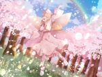  1girl absurdres blonde_hair cattleya_(a_yel_ttac) cherry_blossoms cloud cloudy_sky dress fairy_wings floral_print flower grass highres lily_white long_hair long_sleeves rainbow sky smile solo touhou tree white_dress white_headwear wings yellow_flower 