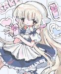  0o0oo0oooo 1girl blonde_hair blue_dress brown_eyes chii chobits detached_sleeves dot_nose dress frilled_dress frills hair_tubes hands_up headband holding long_hair looking_at_viewer open_mouth puffy_short_sleeves puffy_sleeves robot_ears short_sleeves smile solo very_long_hair white_background 