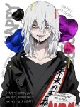  absurdres ametaro_(ixxxzu) birthday birthday_cake black_jacket black_shirt boku_no_hero_academia cake confetti food happy_birthday highres jacket looking_at_viewer male_focus medium_hair red_eyes shigaraki_tomura shirt simple_background solo utensil_in_mouth white_background white_hair wrinkled_skin 