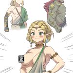  1girl 2boys beard black_gloves blonde_hair blush breasts censored dark-skinned_male dark_skin earrings facial_hair ganondorf gloves green_eyes jewelry large_breasts link long_hair medium_hair monbetsu_kuniharu multiple_boys nipples novelty_censor one_breast_out pectorals pointy_ears princess_zelda red_hair short_hair simple_background smile the_legend_of_zelda upper_body white_background 