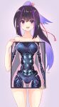  1girl absurdres android blush breasts commission completely_nude happy highres holding karasuba_(prima_doll) lights long_hair looking_at_viewer machine mechanical_parts metal multicolored_hair nude open_mouth pixiv_commission prima_doll_(anime) purple_eyes rasen_manga ribbon robot_girl screen simple_background skeleton smile solo x-ray 