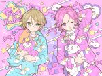  2boys blonde_hair blue_pajamas blush ensemble_stars! green_eyes happypuppy_guu highres holding holding_stuffed_toy long_sleeves looking_at_viewer lying male_focus multiple_boys on_back one_eye_closed open_mouth oukawa_kohaku pajamas pants pink_background pink_hair pink_pajamas purple_eyes shiratori_aira_(ensemble_stars!) shirt short_hair star_(symbol) stuffed_animal stuffed_toy stuffed_unicorn teddy_bear white_shirt 