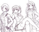  3girls character_request crossed_legs hair_over_eyes hands_in_pockets highres idolmaster long_sleeves looking_at_viewer monochrome multiple_girls nice_knee_socks_day plaid plaid_skirt school_uniform shirasaka_koume shirt short_hair skirt smile thighhighs thighs white_background zaofeng 