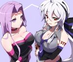  2girls ahoge bare_shoulders blush bottle bow breasts cleavage collar crop_top detached_sleeves dress facial_mark fate/stay_night fate_(series) forehead forehead_mark grey_shirt headphones headset highres large_breasts long_hair long_sleeves medusa_(fate) medusa_(rider)_(fate) midriff multiple_girls necktie open_mouth ponytail purple_collar purple_eyes purple_hair purple_necktie red_eyes ribbon sake_bottle shirt square_pupils strapless strapless_dress toyosu tube_dress very_long_hair vocaloid white_hair yowane_haku 