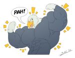  2022 abs accipitrid accipitriform animal_crossing anthro apollo_(animal_crossing) avian bald_eagle beak biceps big_abs big_biceps big_pecs bird catchphrase dialogue eagle feathers flexing_both_biceps grey_body grey_feathers hi_res male muscular muscular_anthro muscular_male nintendo pecs sea_eagle simple_background speech_bubble waist_up white_background 