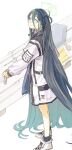  1girl aqua_eyes aris_(blue_archive) black_hair black_skirt blue_archive blue_hair blue_hairband coat gradient_hair hair_between_eyes hairband halo highres hiro_(chumo) holding long_hair long_sleeves looking_at_viewer multicolored_hair one_side_up open_clothes open_coat railgun shoes simple_background skirt smile sneakers socks solo standing very_long_hair white_background white_coat 