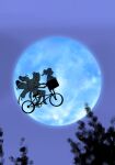  2girls bicycle bicycle_basket bow bowtie coat denied_art drill_hair e.t. full_moon hair_bow hair_bun hair_ornament halo highres jelly_hoshiumi kaneko_lumi moon motion_lines multiple_girls open_mouth phase_connect riding riding_bicycle scene_reference short_hair sky x_hair_ornament 
