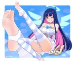  1girl artist_name ass blue_hair blue_ribbon blunt_bangs blush bow breasts colored_inner_hair embarrassed feet feet_up foot_focus heart highres large_breasts legs long_hair looking_at_viewer multicolored_hair nail_polish no_shoes nose_blush panties panty_&amp;_stocking_with_garterbelt pantyhose patreon_username pink_hair presenting_foot rezodwel ribbon shoes shoes_removed smile soles solo stirrup_legwear stocking_(psg) streaked_hair striped striped_panties striped_thighhighs thighhighs thighs toeless_legwear toenail_polish toenails toes two-tone_hair underwear 