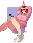  1girl absurdres artist_name blush breasts brown_hair bug closed_eyes dated english_commentary english_text heart highres large_breasts long_sleeves open_hands original pink_sweater purple_shorts shoes short_hair shorts sitting sneakers snowcie snowciel solo speech_bubble sweater tearing_up white_footwear 