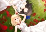  2girls absurdres blonde_hair breasts captain_yina dot_nose dress highres inoue_takina large_breasts looking_at_another lycoris_recoil lying multiple_girls nishikigi_chisato on_back on_grass red_eyes small_breasts smile white_dress yuri 