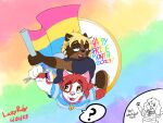  4:3 anthro blonde_hair blue_eyes canid canine canis collar domestic_cat domestic_dog enny_gima felid feline felis female flag group hair hi_res lgbt_pride male mammal nonbinary_pride_colors pansexual_pride_colors pride_colors pride_month raccoon_dog rainbow_flag rainbow_pride_flag rainbow_symbol red_hair ruby_mello_(dynamitegrizzly) rubyyoulazycat tanuki trans_(lore) transgender_pride_colors trio yellow_eyes 