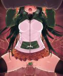  1boy 1girl anal black_thighhighs blush breasts green_hair hetero highres hood hooded_jacket jacket long_hair long_sleeves maebari miniskirt null_(nyanpyoun) open_mouth orange_skirt penis pleated_skirt sex skindentation skirt solo_focus testicles thighhighs touhoku_zunko voiceroid 