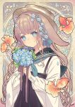  1girl animal animal_ears black_hakama blue_bow blue_eyes blue_flower blush bouquet bow braid brown_hair brown_headwear closed_mouth commentary_request fish fish_request flower green_sailor_collar hair_bow hair_flower hair_ornament hakama hakama_skirt holding holding_bouquet hydrangea japanese_clothes kamui_natsuki long_hair long_sleeves looking_at_viewer original puffy_long_sleeves puffy_sleeves sailor_collar shirt skirt smile solo very_long_hair water_drop white_flower white_shirt 