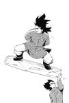  2boys blush carrying carrying_person dragon_ball dragon_ball_z frown greyscale highres light_blush male_focus monochrome motion_lines multiple_boys one_armed_carry receding_hairline short_hair sideburns smile son_goku spiked_hair stomach supobi surfing thick_eyebrows vegeta wind yaoi 