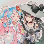  2girls asagimu_(tsuktsuk) bag bare_shoulders black_choker black_gloves black_ribbon cardigan choker clefairy_sprite_(pokemon) dark_green_hair dark_miku_(project_voltage) earrings fairy_miku_(project_voltage) flower gloves hair_flower hair_ornament hat hat_ribbon hatsune_miku heart heart_choker jewelry locked_arms luxury_ball multicolored_hair multiple_girls necktie one_eye_closed open_mouth pink_cardigan poke_ball pokemon project_voltage red_eyes ribbon scrunchie shoulder_bag smile twintails two-tone_hair v vocaloid wrist_scrunchie 