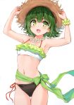  1girl :d absurdres armpits bare_shoulders bikini blush cu-no flat_chest flower flower_necklace green_eyes green_hair hands_up hat highres hisen_kaede holding holding_clothes holding_hat layered_bikini lips looking_at_viewer navel nonono_futaba open_mouth ribbon scan scrunchie short_hair side-tie_bikini_bottom simple_background smile stomach straw_hat swimsuit wrist_scrunchie 