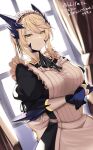  apron artoria_pendragon_(fate) artoria_pendragon_(lancer_alter)_(fate) blonde_hair braid breasts commission eyes_visible_through_hair fate/grand_order fate_(series) french_braid gloves hair_between_eyes hair_tie highres horns indoors looking_at_viewer maid ribbon skeb_commission white_apron window yamato_(muchuu_paradigm) yellow_eyes 