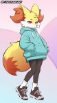  2023 anthro black_clothing black_footwear blue_clothing blue_hoodie blue_topwear braixen canid canine clothed clothing dipstick_tail footwear fur generation_6_pokemon hand_in_pocket hi_res hoodie mammal markings multicolored_body multicolored_fur nintendo pockets pokemon pokemon_(species) socks solo tail tail_markings topwear two_tone_tail white_body white_clothing white_footwear white_fur white_socks yellow_body yellow_fur yellow_tail yorusagi 