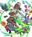  1girl alternate_costume balloon black_shorts breasts brown_hair candy candy_hair_ornament chocolate circlet cookie dark-skinned_female dark_skin fire_emblem fire_emblem_engage fire_emblem_heroes food food-themed_hair_ornament full_body ghost_hair_ornament glowing gradient_clothes hair_ornament highres holding holding_weapon jack-o&#039;-lantern leg_up long_hair long_sleeves medium_breasts midriff navel non-web_source official_alternate_costume official_art okada_manabi open_mouth parted_bangs polearm ponytail pumpkin red_eyes ribbon shiny_skin shoes shorts skirt sleeves_past_wrists smile solo spear star-shaped_pupils star_(symbol) stomach symbol-shaped_pupils teeth timerra_(fire_emblem) transparent_background upper_teeth_only weapon wide_sleeves 
