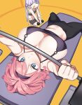  2girls bench_press black_hairband blue_eyes blush breasts dumbbell exercise flower gym hair_flower hair_ornament hairband highres large_breasts long_hair misao_koinu mochizuki_momiji multiple_girls new_game! open_mouth pants pink_hair pout purple_eyes purple_hair ribbon short_hair sports_bra suzukaze_aoba twintails very_long_hair weightlifting yoga_pants 