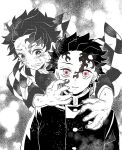  2boys checkered_clothes crying dark_persona demon_boy demon_slayer_uniform dual_persona earrings fading fangs fangs_out floating hair_slicked_back hanafuda_earrings haori imminent_hug japanese_clothes jewelry kamado_tanjirou kimetsu_no_yaiba long_sleeves looking_at_another looking_at_viewer male_focus monochrome multiple_boys outstretched_arms red_eyes scar scar_on_face scar_on_forehead short_hair slit_pupils spoilers spot_color tuduri upper_body veins veiny_hands 