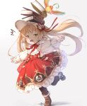  1girl bag bird black_socks blonde_hair book dress drusilla falling granblue_fantasy green_eyes harvin hat highres khell long_sleeves pointy_ears ribbon shoulder_bag simple_background socks standing standing_on_one_leg 