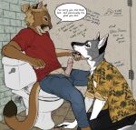  aloha_shirt anthro bathroom bodily_fluids canid canine canis clothed clothed_sex clothing cougar cum cum_string duo felid feline fellatio genital_fluids hand_under_chin lupe_(lupinzpack) lupinzpack male male/male mammal ned_(contritecougar) oral pattern_clothing pattern_shirt pattern_topwear penile public_restroom restroom_stall sex shirt speech_bubble topwear wolf 