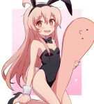  1girl :d animal_ears bare_arms bare_legs bare_shoulders black_bow black_bowtie black_footwear black_hairband black_leotard bow bowtie breasts brown_eyes c: commentary detached_collar ekra fake_animal_ears hair_between_eyes hairband high_heels highres kneeling leotard light_blush long_hair looking_at_viewer onii-chan_wa_oshimai! open_mouth oyama_mahiro pink_hair pink_pupils playboy_bunny rabbit_ears rabbit_tail shoes simple_background small_breasts smile solo sweatdrop tail very_long_hair wrist_cuffs 