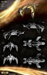  3d absurdres amarr_empire_(eve_online) battlecruiser_(eve_online) commentary concept_art copyright_name eve_online flying from_side highres logo military_vehicle multiple_views no_humans original peet-b reference_sheet science_fiction spacecraft thrusters vehicle_focus 