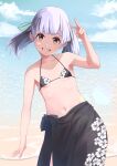  1girl absurdres beach bikini black_bikini blue_sky blush brown_eyes cloud day flat_chest grey_hair highres kantai_collection looking_at_viewer navel neko_no_hige ocean ooshio_(kancolle) open_mouth outdoors sand sarong short_hair sky smile solo swimsuit twintails water 