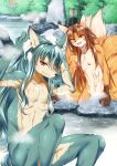  anthro bath bathing canid canine convenient_censorship duo fence foam fox fur fur_markings groin_covered hair hot_spring long_hair looking_at_viewer male mammal markings multi_tail muscular muscular_anthro muscular_male nude plant rock ruri_tsubame sitting smile smiling_at_viewer soap spring steam steaming tail tree water wet wet_body wet_fur 
