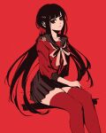  1girl black_eyes black_hair blunt_bangs brown_eyes danganronpa:_trigger_happy_havoc danganronpa_(series) hair_ornament hair_scrunchie harukawa_maki long_hair long_sleeves low_twintails mole mole_under_eye moshimoshibe pleated_skirt red_background red_pupils red_scrunchie red_shirt red_theme red_thighhighs sailor_collar school_uniform scrunchie serafuku shirt simple_background sitting skirt solo thighhighs twintails 