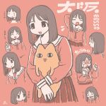  &gt;_&lt; 1girl :3 :d azumanga_daioh azumanga_daioh&#039;s_school_uniform black_eyes black_hair closed_eyes commentary_request ebiebi expressions flying_sweatdrops highres holding holding_stuffed_toy kasuga_ayumu long_hair long_sleeves mihama_chiyo&#039;s_father multiple_views o_o open_mouth pink_background pink_serafuku pink_shirt pleated_skirt red_skirt sailor_collar school_uniform scratching_head serafuku shirt simple_background skirt smile standing stuffed_animal stuffed_cat stuffed_toy surprised sweatdrop translation_request trembling upper_body white_sailor_collar 