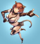  1girl 2023 absurdres animal_ears artist_name avatar_(ff11) breasts brown_gloves brown_tail cactus41747280 cat_ears cat_girl cat_tail cleavage clenched_hand closed_mouth dated elbow_gloves eyelashes final_fantasy final_fantasy_xi fingerless_gloves fringe_trim gloves highres leg_up light_blue_background medium_breasts mithra_(ff11) red_hair short_hair smile solo tail toeless_footwear 