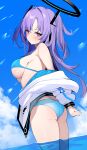  1girl absurdres ass bikini blue_archive blue_bikini blue_sky blush breasts cloud day enishi96 from_side halo highres jacket large_breasts looking_at_viewer off_shoulder outdoors purple_eyes purple_hair sideboob sky solo swimsuit v-shaped_eyebrows wading water white_jacket yuuka_(blue_archive) 