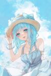 1girl :d arm_belt blue_eyes blue_nails bow bracelet braid breasts cleavage cloud day dress flower hand_up hat hat_bow hat_flower highres jewelry korikr32 long_hair original outdoors sleeveless sleeveless_dress smile straw_hat twin_braids twintails 