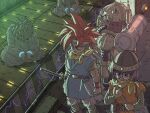  2girls belt chrono_trigger crono_(chrono_trigger) cuffs electricity glasses handcuffs headband helmet highres lucca_ashtear multiple_boys multiple_girls open_mouth purple_hair red_hair robo_(chrono_trigger) robot scarf short_hair spiked_hair sword weapon yuto_sakurai 