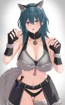  1girl absurdres alternate_costume animal_ears arms_up black_gloves blue_eyes blue_hair bra breasts byleth_(female)_(fire_emblem) byleth_(fire_emblem) fake_animal_ears fingerless_gloves fire_emblem fire_emblem:_three_houses fur-trimmed_bra fur_trim gloves highres jewelry looking_at_viewer medium_breasts navel parted_lips peli_cantaro pendant solo tail underwear wolf_ears wolf_tail 