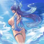  1girl absurdres ass bikini blue_bikini blue_eyes blue_gloves blue_hair blue_sky breasts brighid_(xenoblade) bubble calmgreentori closed_eyes cloud commentary_request elbow_gloves fiery_hair from_side gloves gradient_hair highres large_breasts long_hair multicolored_hair outdoors sky smile solo swimsuit thigh_strap wading xenoblade_chronicles_(series) xenoblade_chronicles_2 