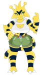  anthro belt big_breasts black_stripes bottomwear breasts clothing electabuzz female generation_1_pokemon green_eyes hi_res markings nintendo pokeball pokemon pokemon_(species) shirt shorts simple_background solo striped_markings stripes tail teeth topwear urusee584 white_background yellow_body 