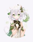  1girl animal_ear_fluff animal_ears bare_shoulders cat_ears cat_girl cat_tail commentary cropped_torso cross-shaped_pupils deyui dress english_commentary genshin_impact gradient_hair green_eyes green_hair grey_background grey_hair hair_ornament hands_up kemonomimi_mode long_hair looking_at_viewer multicolored_hair nahida_(genshin_impact) parted_lips pointy_ears side_ponytail signature simple_background sleeveless sleeveless_dress solo symbol-shaped_pupils tail upper_body white_dress 