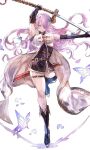  1girl armpits braid breasts bug butterfly draph granblue_fantasy hair_ornament hair_over_one_eye highres horns katana large_breasts legs light_purple_hair muramitsu_(d3jgv) narmaya_(granblue_fantasy) pointy_ears single_braid single_thighhigh sword thigh_strap thighhighs thighs weapon 