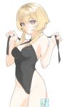  1girl bare_shoulders black_leotard blonde_hair breasts choco_c14 cleavage genshin_impact leotard looking_at_viewer lumine_(genshin_impact) medium_breasts multicolored_eyes parted_lips short_hair_with_long_locks signature simple_background solo white_background 