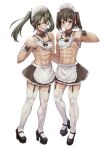  2girls abs absurdres alternate_costume alternate_muscle_size apron black_footwear bow bowtie breasts brown_bow brown_bowtie brown_eyes brown_hair brown_skirt dark_green_hair detached_collar enmaided frilled_apron frilled_skirt frills full_body green_eyes hair_ornament high_heels highres kantai_collection long_hair maid maid_apron maid_headdress miniskirt multiple_girls muscular muscular_female navel nipples one_breast_out sahara1127 sendai_(kancolle) sendai_kai_ni_(kancolle) simple_background skirt small_breasts smile standing thighhighs twintails waist_apron white_apron white_background white_thighhighs wrist_cuffs zuikaku_(kancolle) 