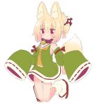  1girl animal_ears bare_shoulders bell blonde_hair closed_mouth collar commentary_request dress folded_ponytail fox_ears fox_girl fox_tail full_body green_dress green_sleeves hair_between_eyes hair_ornament highres jingle_bell kemomimi-chan_(naga_u) long_sleeves looking_at_viewer naga_u neck_bell necktie orange_necktie original purple_collar purple_eyes red_footwear ribbon-trimmed_sleeves ribbon_trim sailor_collar sidelocks simple_background sleeveless sleeveless_dress sleeves_past_fingers sleeves_past_wrists socks solo tabi tail white_background white_sailor_collar white_socks zouri 