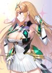  1girl absurdres bare_shoulders blonde_hair blush breasts chest_jewel cleavage dress earrings elbow_gloves gloves green322 headpiece highres jewelry large_breasts long_hair looking_at_viewer mythra_(xenoblade) smile solo swept_bangs tiara very_long_hair xenoblade_chronicles_(series) xenoblade_chronicles_2 yellow_eyes 