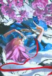  1girl absurdres blue_kimono branch bug butterfly butterfly_on_hand cherry_blossoms closed_eyes closed_mouth commentary deer_va6 full_body highres japanese_clothes kimono long_sleeves lying on_back outdoors pink_hair red_ribbon ribbon saigyouji_yuyuko short_hair symbol-only_commentary touhou wide_sleeves 