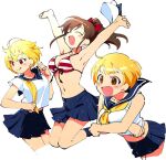  3girls ^_^ ahoge armpits arms_up bare_shoulders bikini black_socks blonde_hair blue_sailor_collar blue_skirt blush bow breasts brown_eyes brown_hair clenched_hands closed_eyes collarbone cowboy_shot dot_nose floating_clothes from_side front-tie_bikini_top front-tie_top fukuda_noriko full_body hair_between_eyes hair_bow hair_ribbon hands_up ibuki_tsubasa idolmaster idolmaster_million_live! idolmaster_million_live!_theater_days large_breasts long_hair looking_at_another miridereningen multiple_girls navel neckerchief neckerchief_removed open_mouth pink_eyes pleated_skirt ponytail red_bikini red_ribbon ribbon sailor_collar satake_minako school_uniform serafuku shirt short_hair short_sleeves sidelocks simple_background skirt smile socks striped striped_bikini swimsuit tongue tongue_out undressing white_background white_shirt yellow_neckerchief 